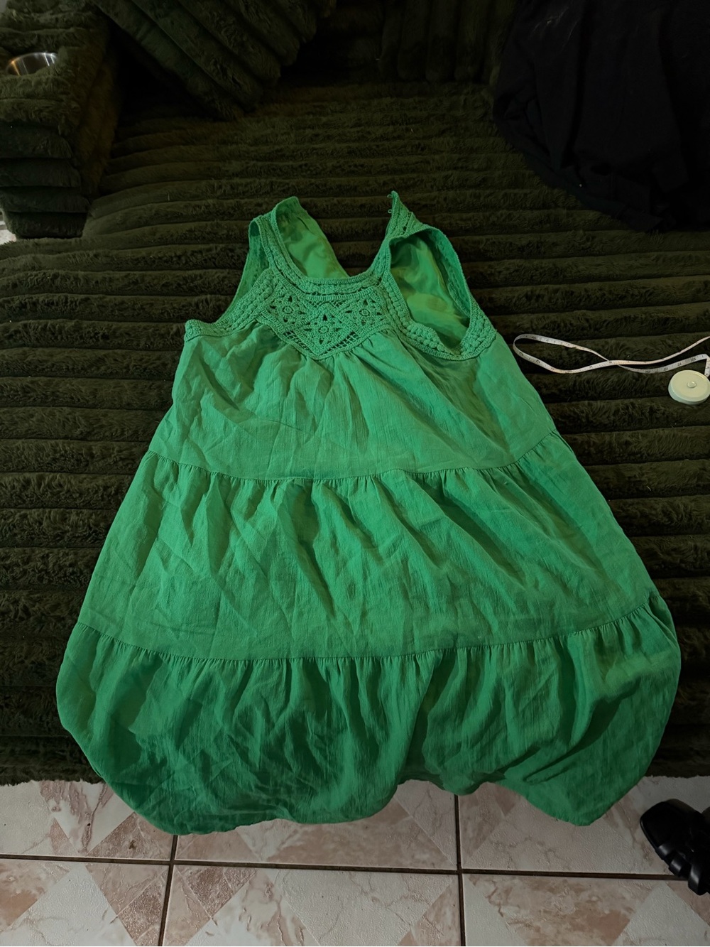 Sleeveless Green Crochet Yoke Tiered Casual Dress